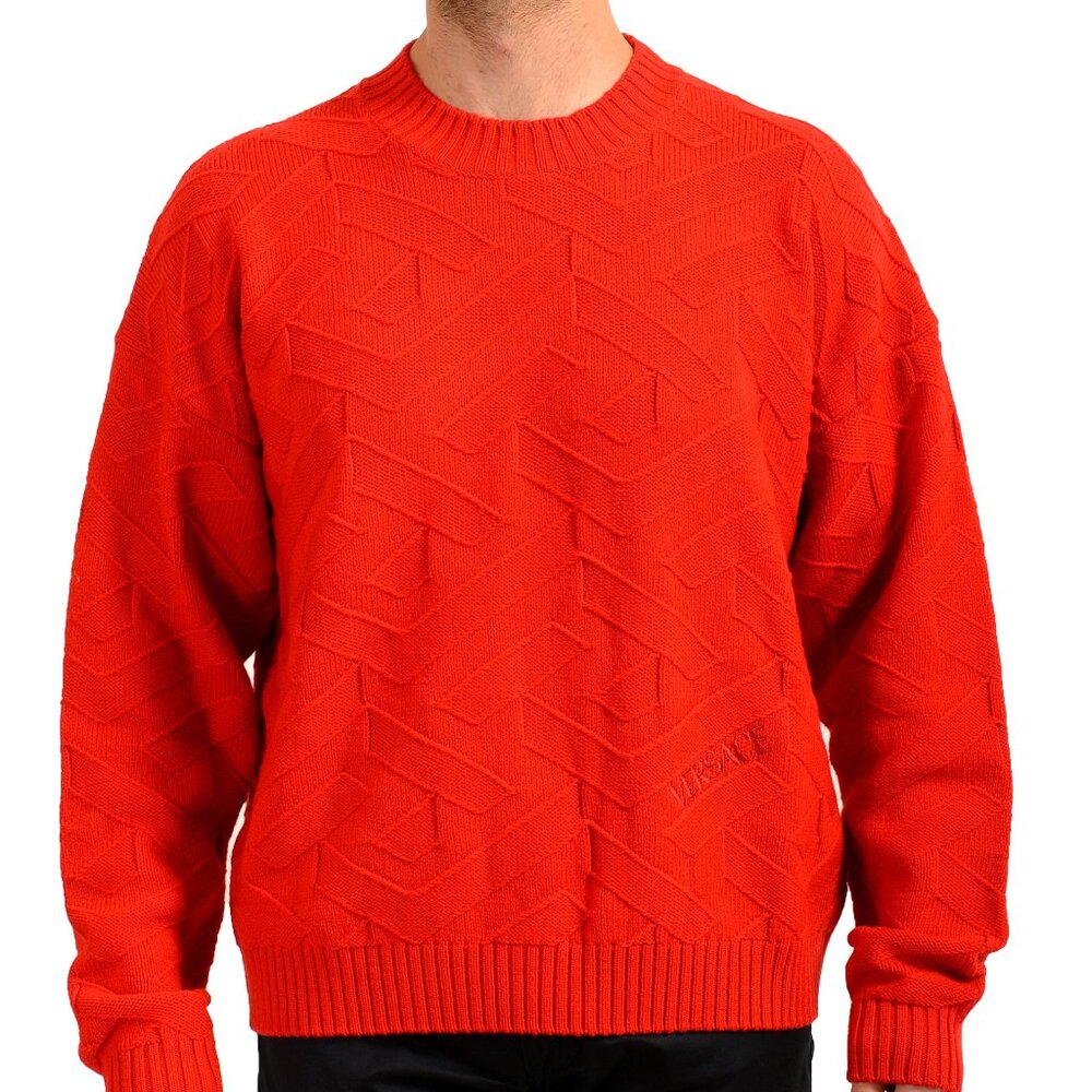 Versace Men's Red Heavy Knitted Crewneck 100% Wool Pullover Sweater US 2XL IT 56